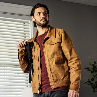 Ben Barnes inspired brown cotton jacket from The Institute Season 1, stylish casual outfit with layered denim look