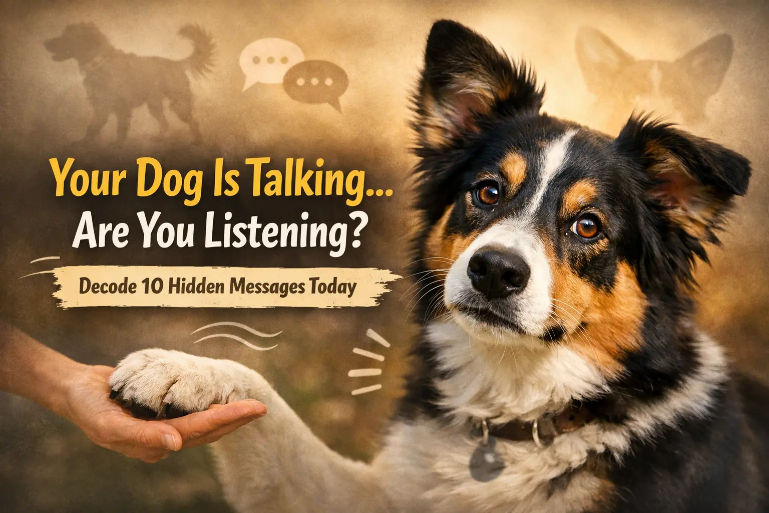 Dog looking at owner showing body language signals and communication signs explaining what your dog is trying to tell you