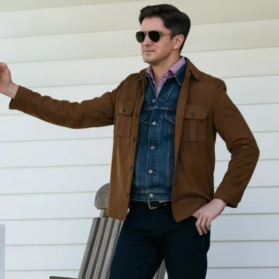 Man wearing a brown cotton jacket layered over a denim jacket and check shirt, paired with black jeans and sunglasses, standing outdoors in a stylish casual look.