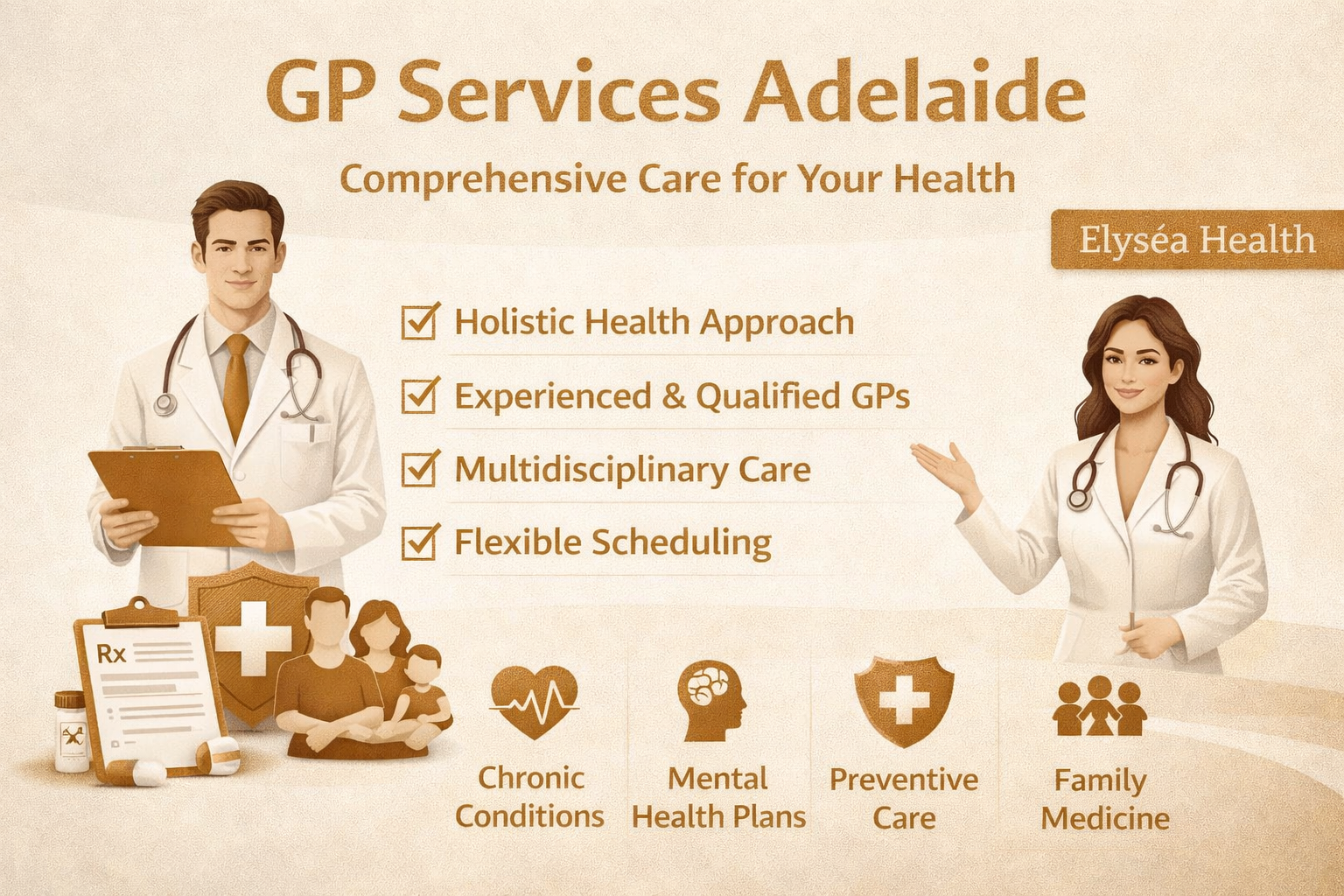 GP Services Adelaide consultation at Elyséa Health showing patient-centred primary healthcare and mental health support