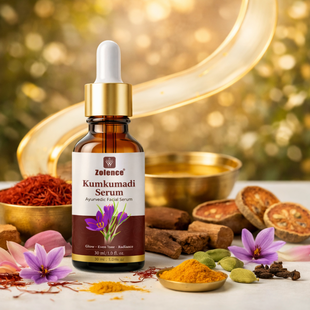 Zolence Kumkumadi Serum bottle with natural Ayurvedic ingredients like saffron, turmeric, and herbs for glowing skin