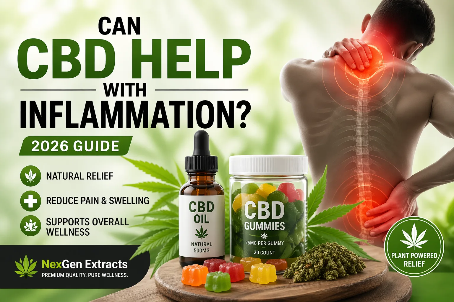 CBD oil and gummies with hemp leaves alongside a person highlighting back and neck inflammation, illustrating natural pain and swelling relief benefits in a 2026 guide design.