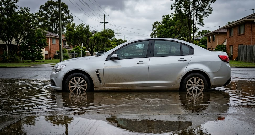 A silver sedan partially submerged in floodwater on a quiet residential street in Brisbane under an overcast sky.