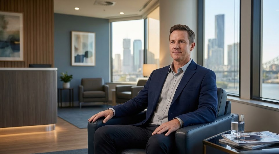 A professional man in a modern Brisbane men's health clinic overlooking the city skyline, representing clinical solutions for erectile dysfunction.