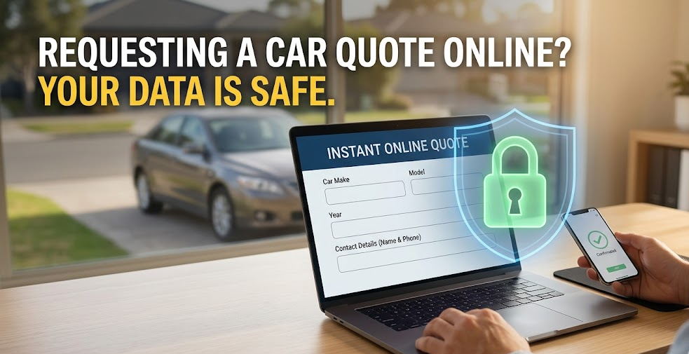A graphic image featuring a person at a desk with a laptop and a smartphone. The laptop screen displays an "INSTANT ONLINE QUOTE" form with fields for car details and contact information, overlaid with a large green padlock and shield icon. Text above reads: "REQUESTING A CAR QUOTE ONLINE? YOUR DATA IS SAFE." A hand holds a smartphone showing a green checkmark and "CONFIRMATION." A car is visible through a window in the background.