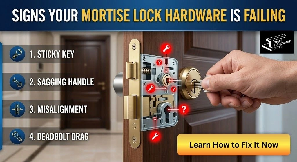 Professional diagram showing common signs of failing mortise lock hardware including sticky keys and sagging handles.