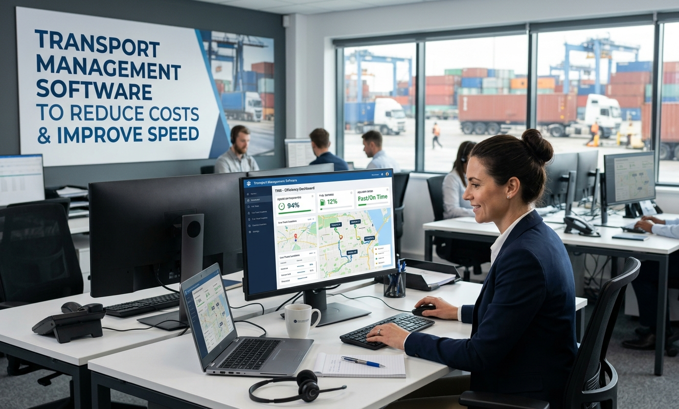 Professional office setting showing TMS software on a monitor with a shipping port view and logistics branding.